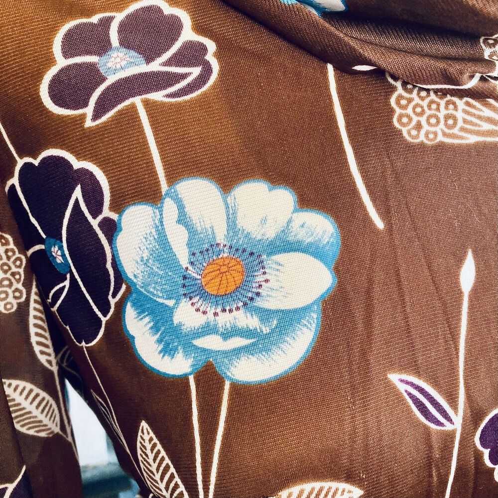 1970s Brown Floral Psychedelic Flower Power Disco Art Nouveau Cowl Neck Top - Picture 3 of 9